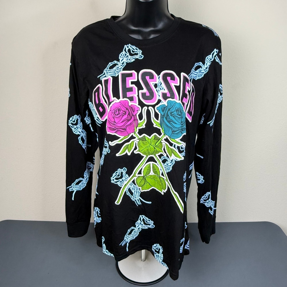 Bailey Apparel Long Sleeve Women S Blessed Rose Skeleton Graphic Tee Black